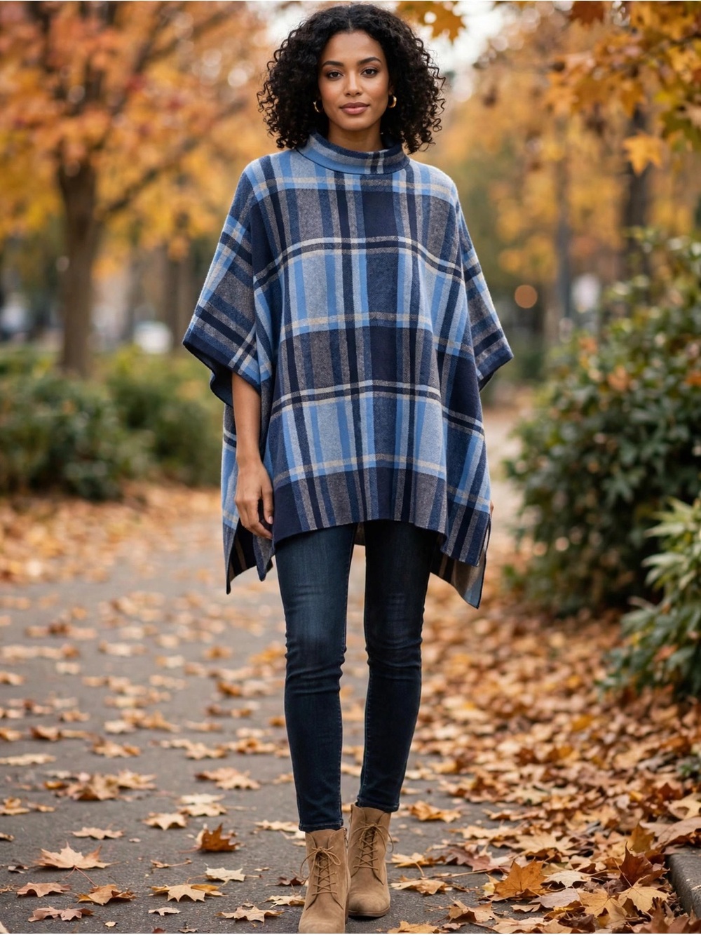 Joan Rivers Blue Plaid Poncho Sweater